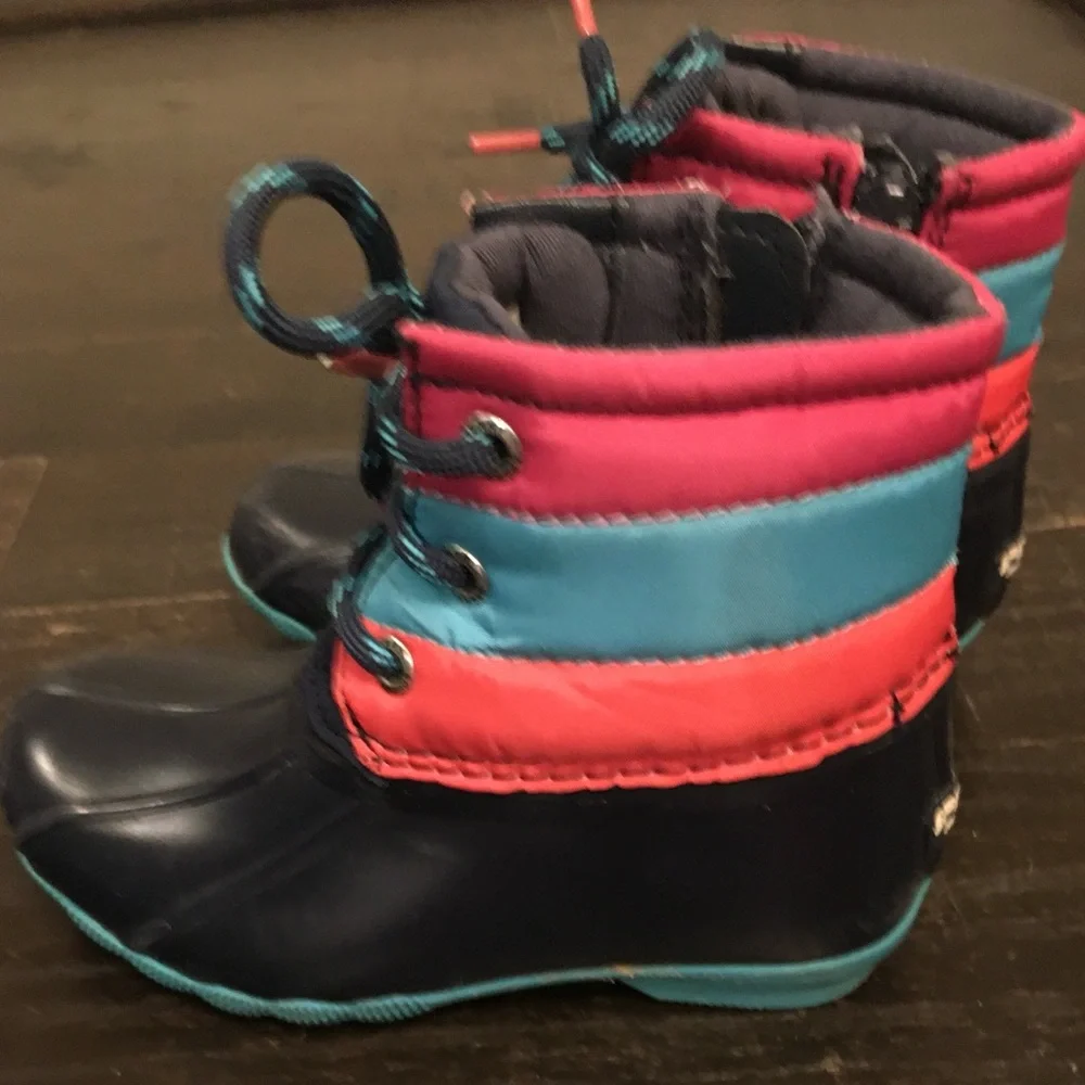Sperry toddler girl Navy, Teal & Coral Cold Weather Duck Boots. Size- 9M